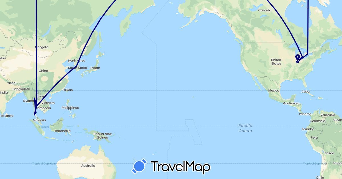 TravelMap itinerary: driving in Canada, South Korea, Thailand, United States (Asia, North America)